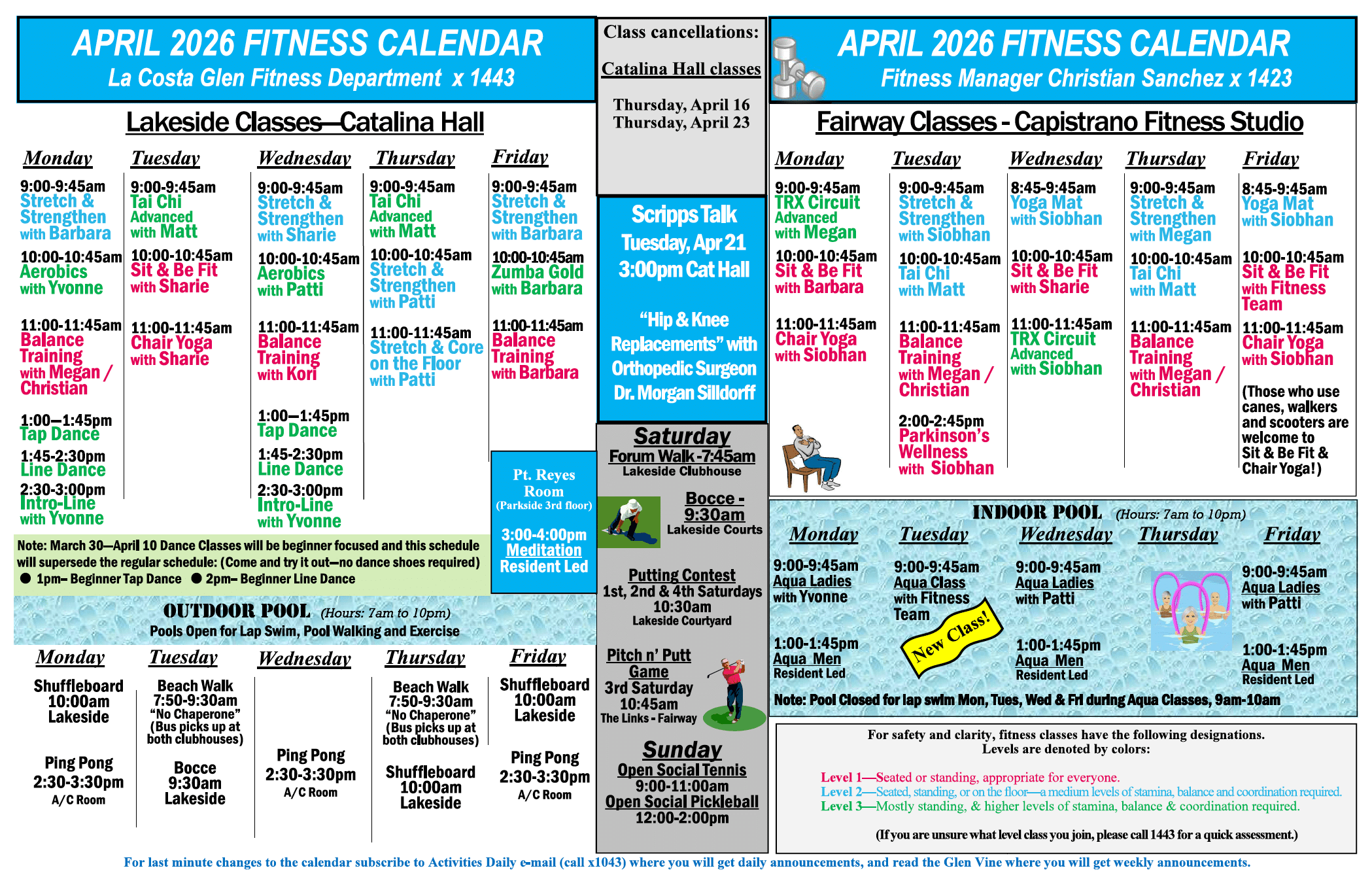 April Fitness class schedule of days and times.