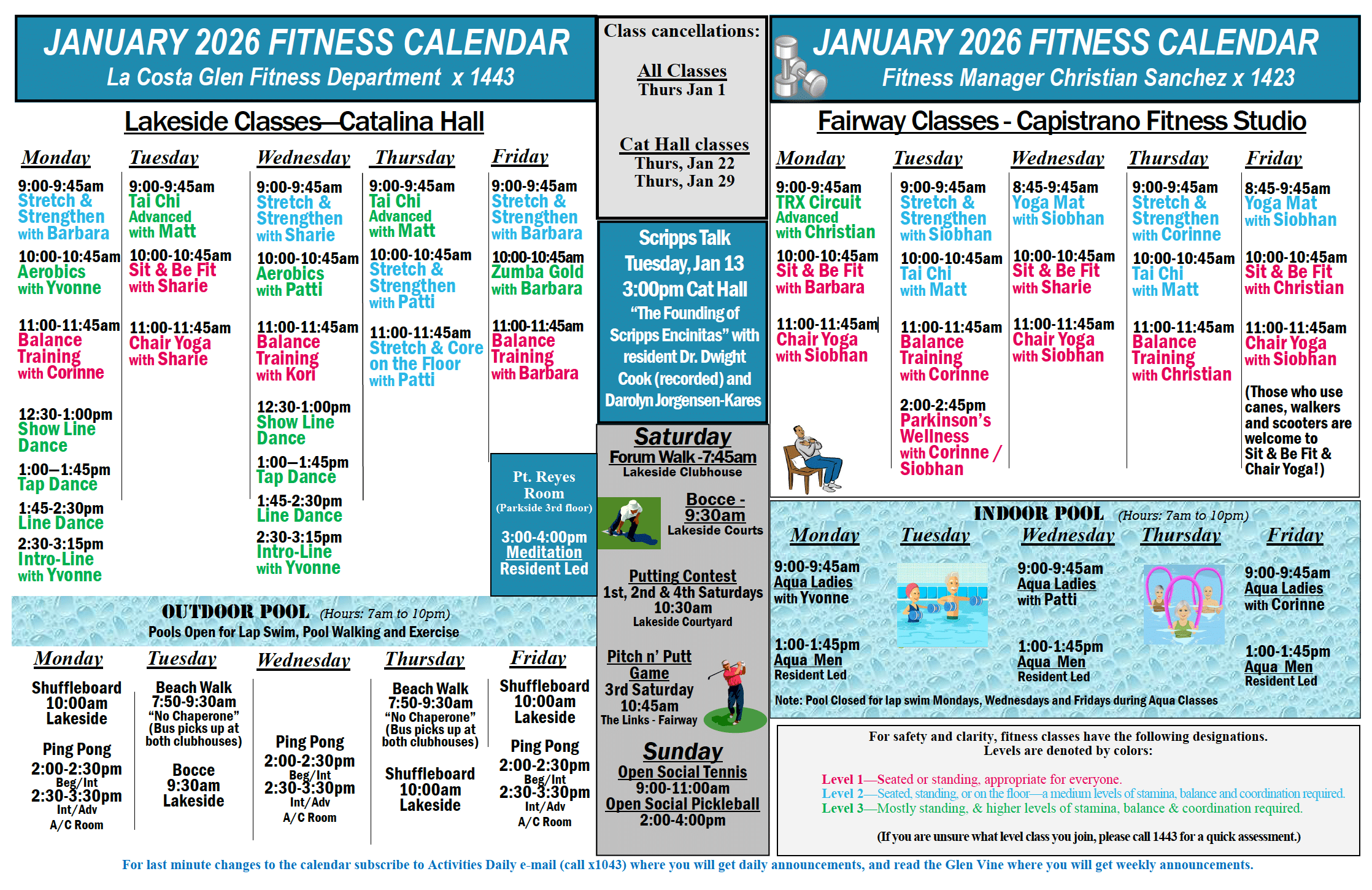 January Fitness Calendar for La Costa Glen