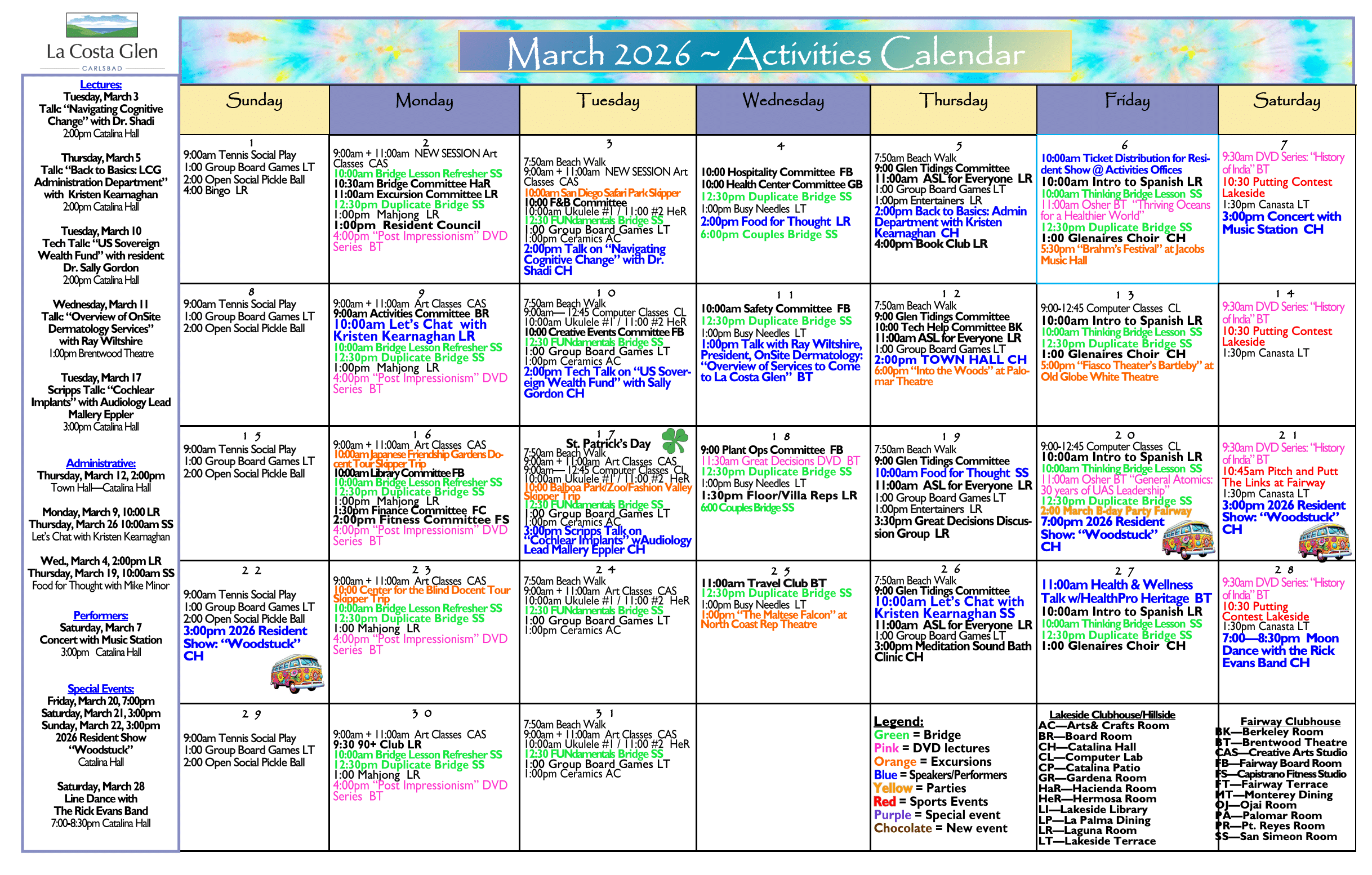 La Costa Glen March Activity Calendar