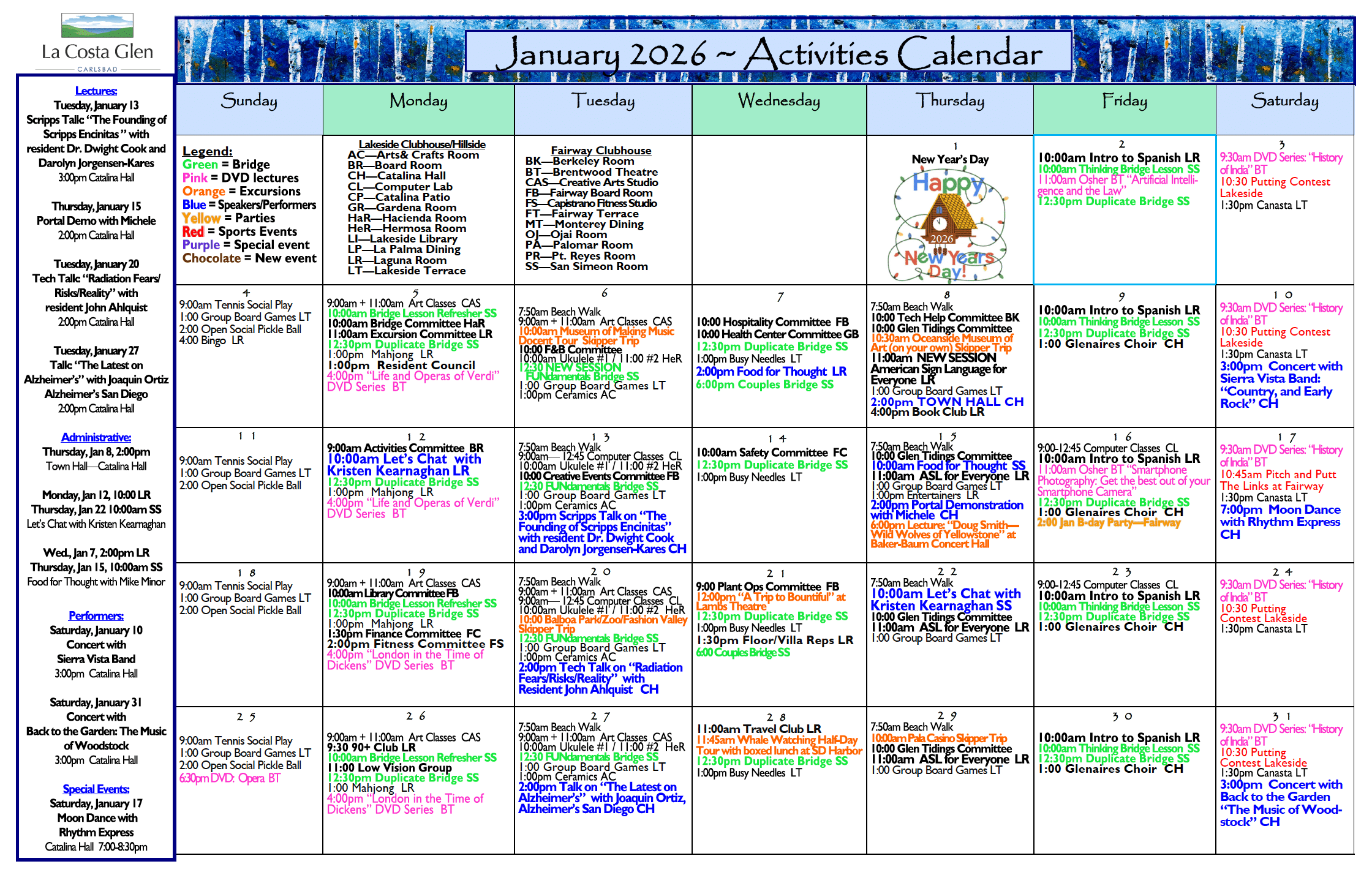 La Costa Glen activity calendar for January